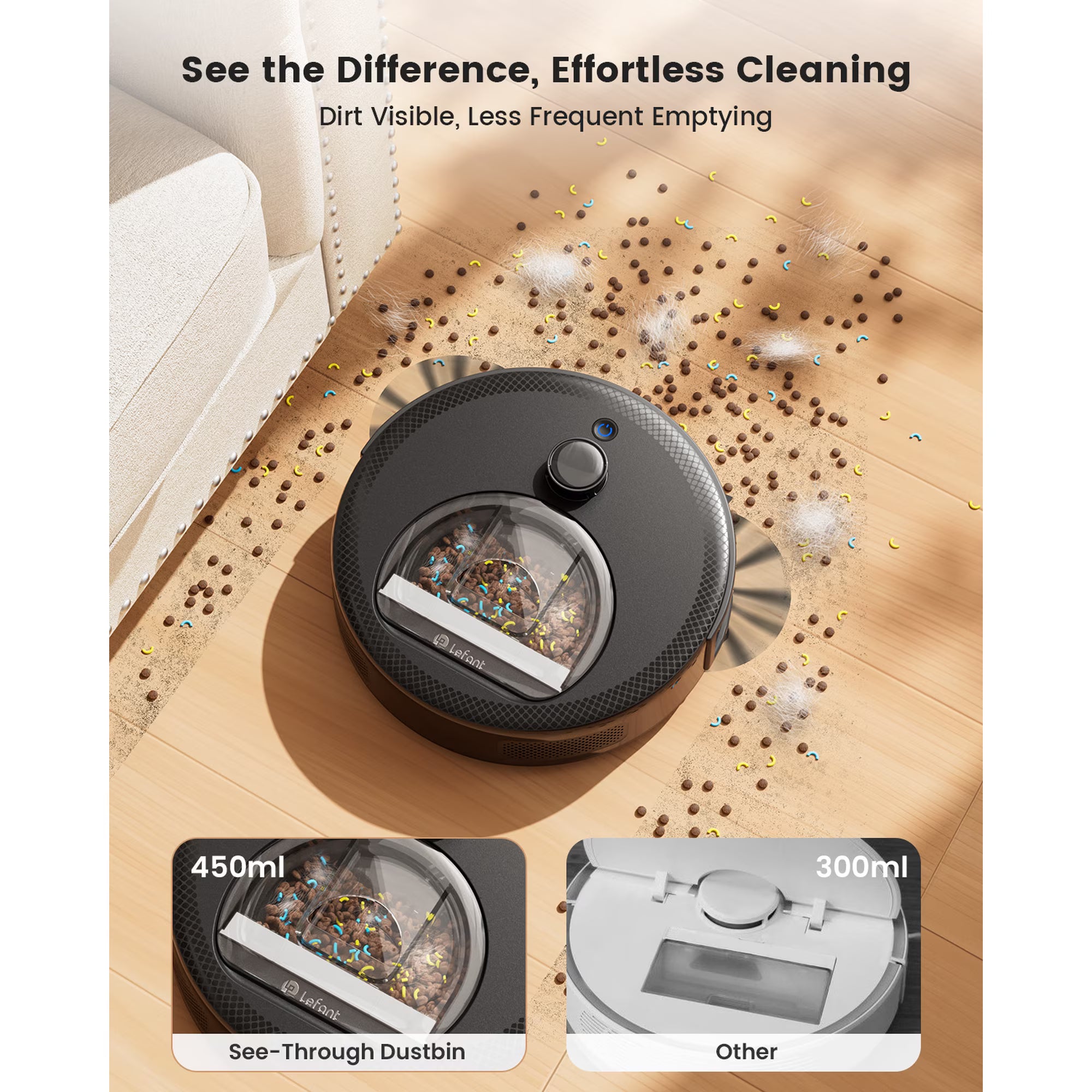 Lefant M330 Robot Vacuum and Mop with LiDAR Navigation, 450ml Visible Dustbin with Obstacle Avoidance, Perfect for Hardwood Carpets