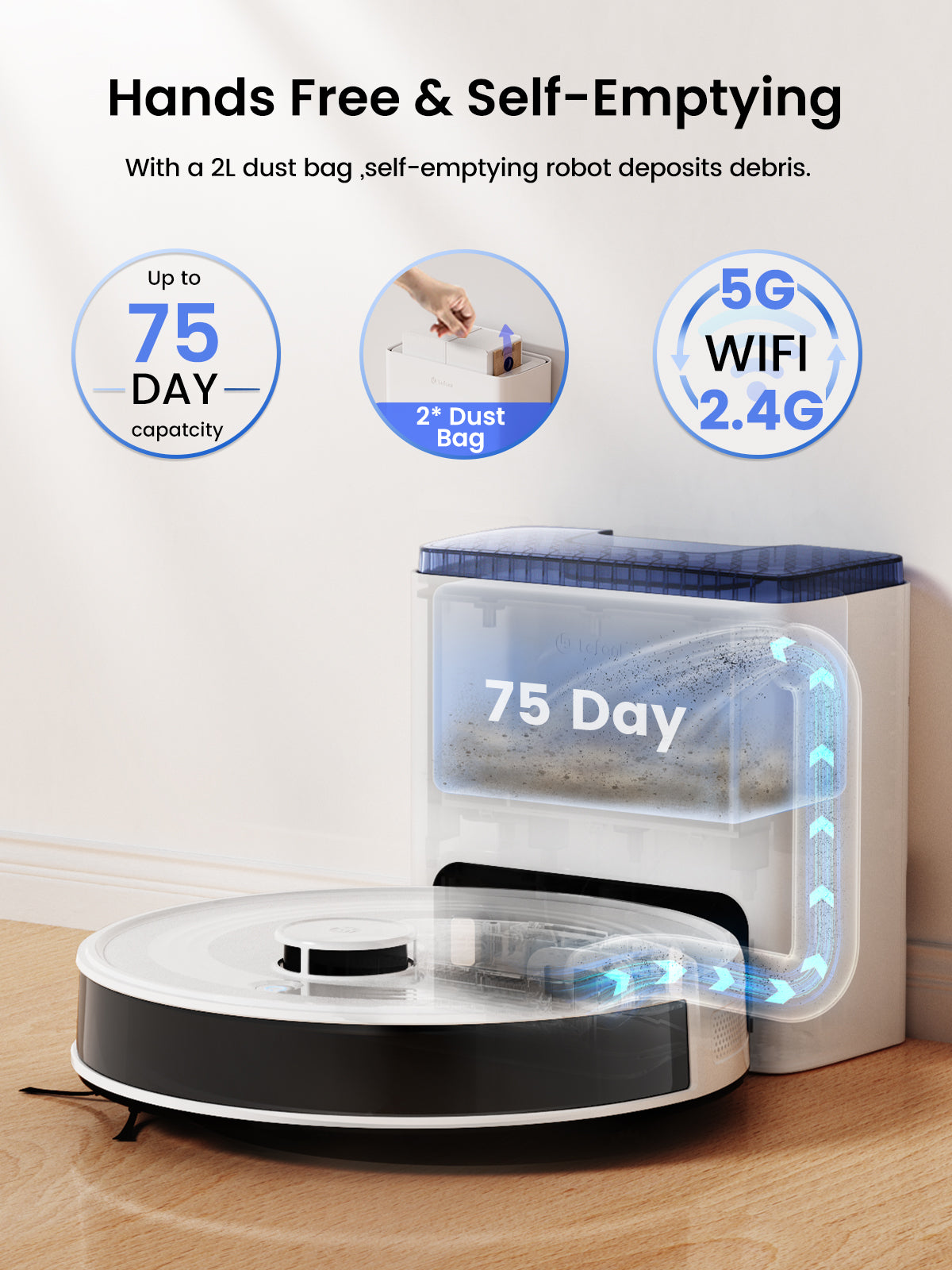 Lefant M2L Plus Robot Vacuum and Mop, 75-Day Self-Emptying, 6000Pa Powerful Suction, Multi-Floor Mapping, Customized Cleaning, 130-Min Runtime, 2.4G/5G WiFi, Alexa & App Control