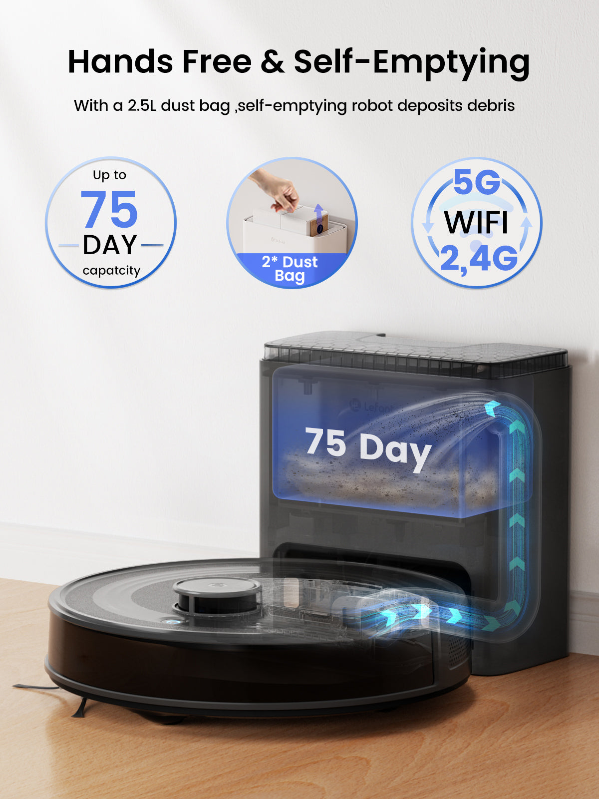 Lefant M2 Plus Robot Vacuum and Mop Combo, 75-Day Self-Emptying, 6000Pa Suction, Multi-Floor Mapping, No-Go Zones, 140 Min Runtime, 2.4G/5G WiFi, Alexa & App Control, Black