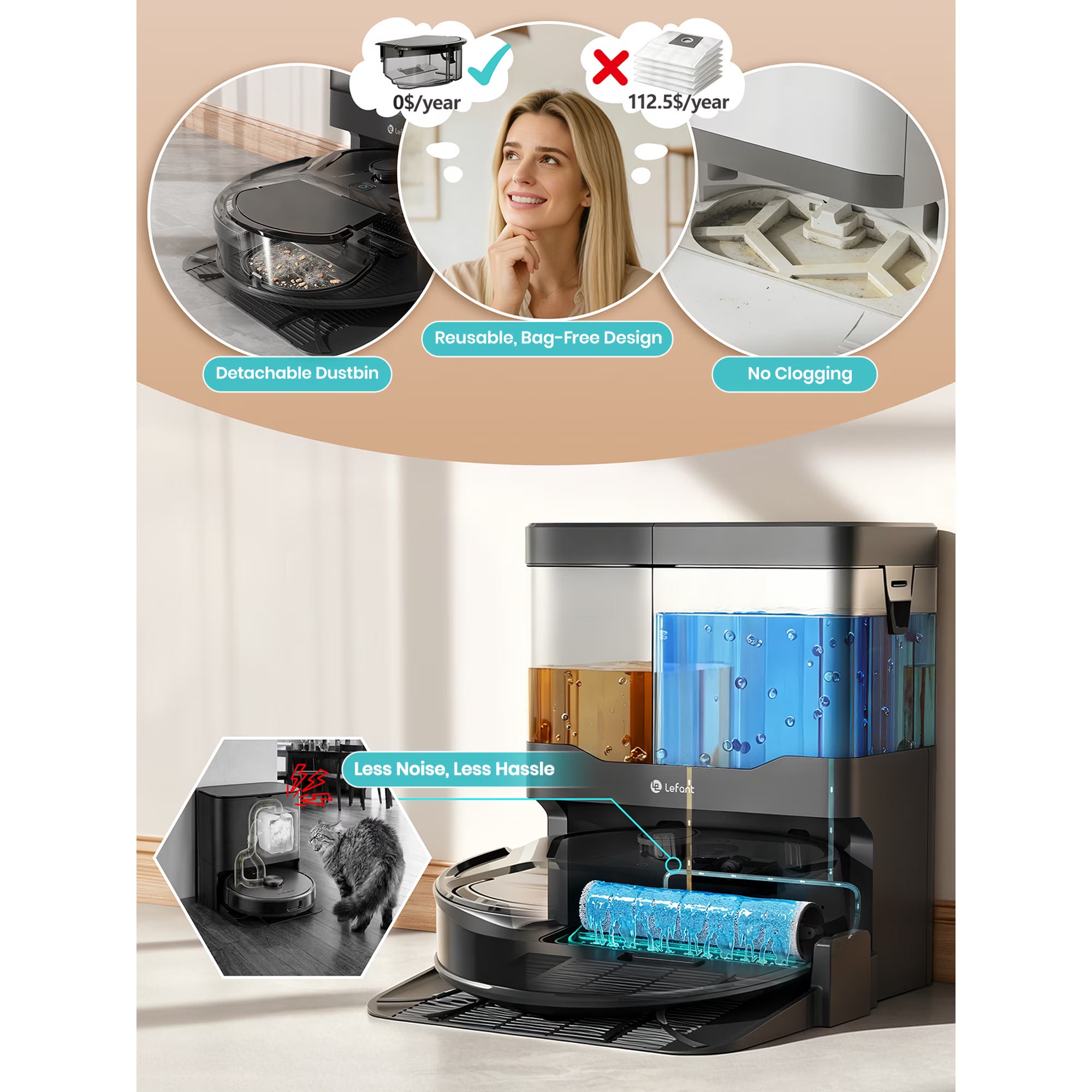 Lefant M265 Robot Vacuum and Mop with 20000Pa Suction, All-in-One Self-Cleaning Dock, Self-Emptying, LiDAR Navigation, Anti-Tangle Pet Hair Cleaning