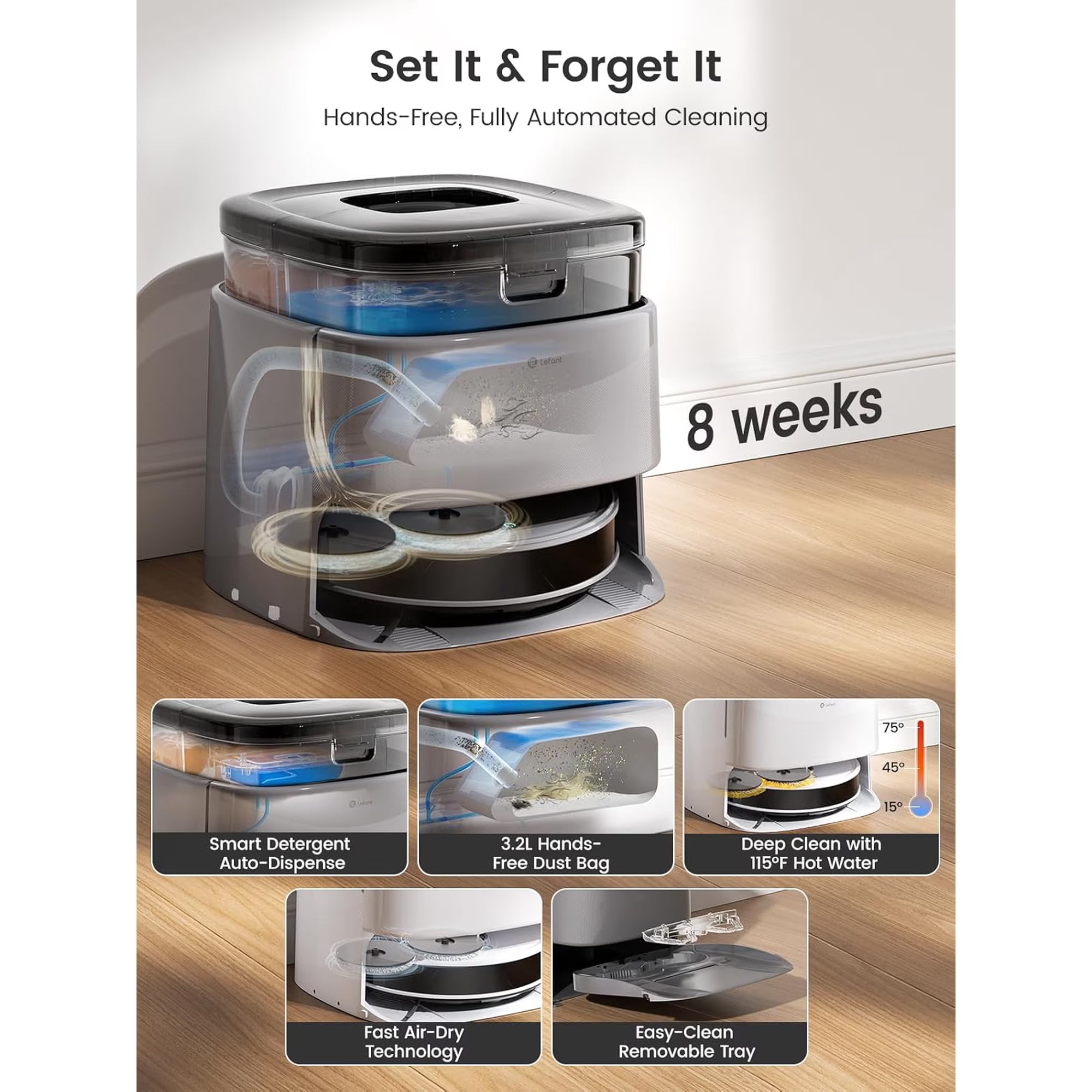 Lefant M3 Max Robot Vacuum and Mop, 113°F Hot Water Auto Mop Washing & Cool Air Drying, Self-Emptying & Refilling