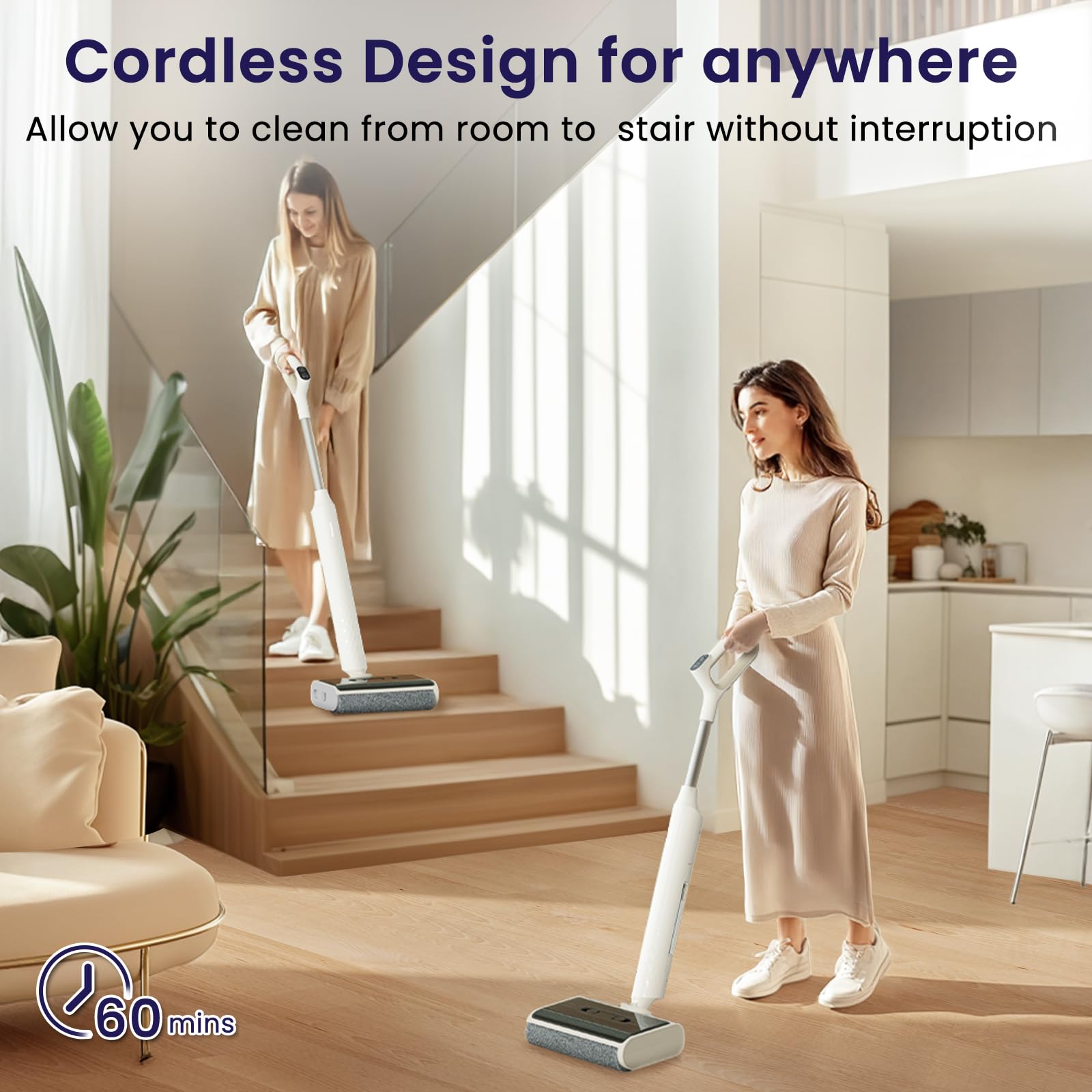 Lefant LS100 Smart Cordless Wet Dry Vacuum Cleaner and Mop for Hard Floors,Lightweight Stick Vacuum with 60 Min Runtime,Great for Sticky Messes and Pet Hair, Space-Saving Design, Ivory White