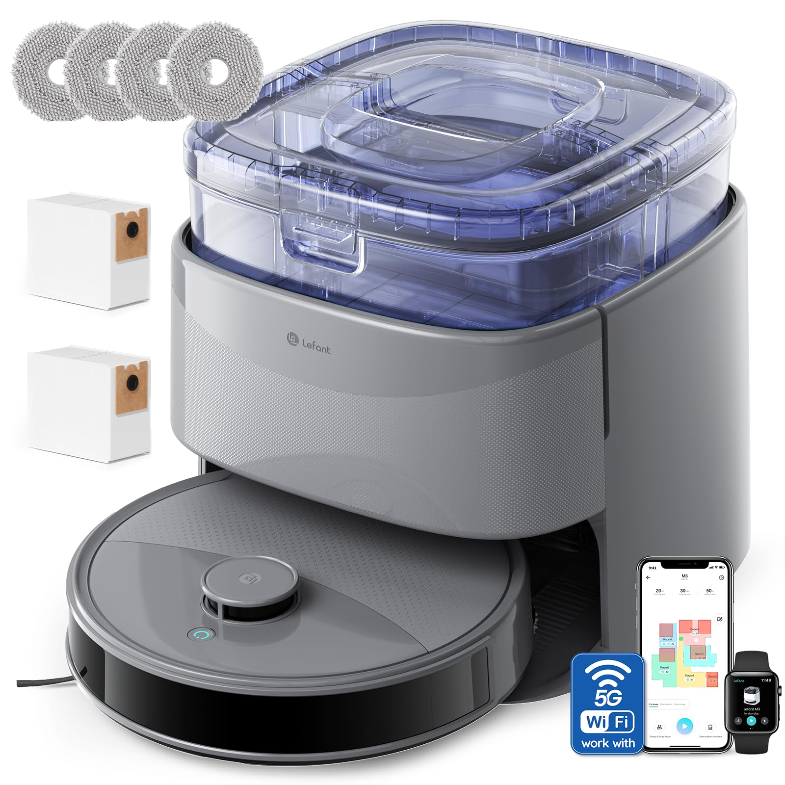 Lefant Robot Vacuum and Mop, 20000Pa Suction, 90-Day Self-Emptying, Obstacle Avoidance, Auto Mop Washing&Drying, All-in-One for Pet Hair Carpet, 5G WiFi Alexa/APP/iWatch Control, M3 Max