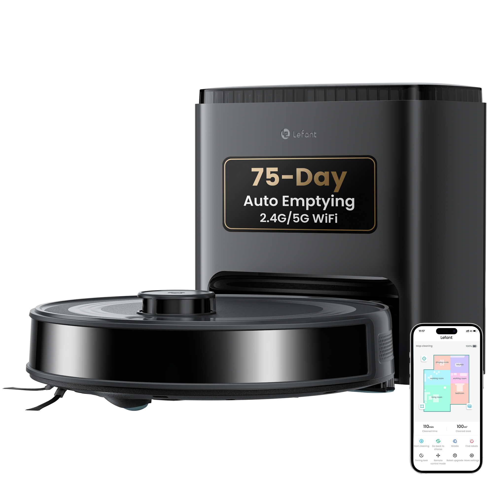 Lefant M2 Plus Robot Vacuum and Mop Combo, 75-Day Self-Emptying, 6000Pa Suction, Multi-Floor Mapping, No-Go Zones, 140 Min Runtime, 2.4G/5G WiFi, Alexa & App Control, Black