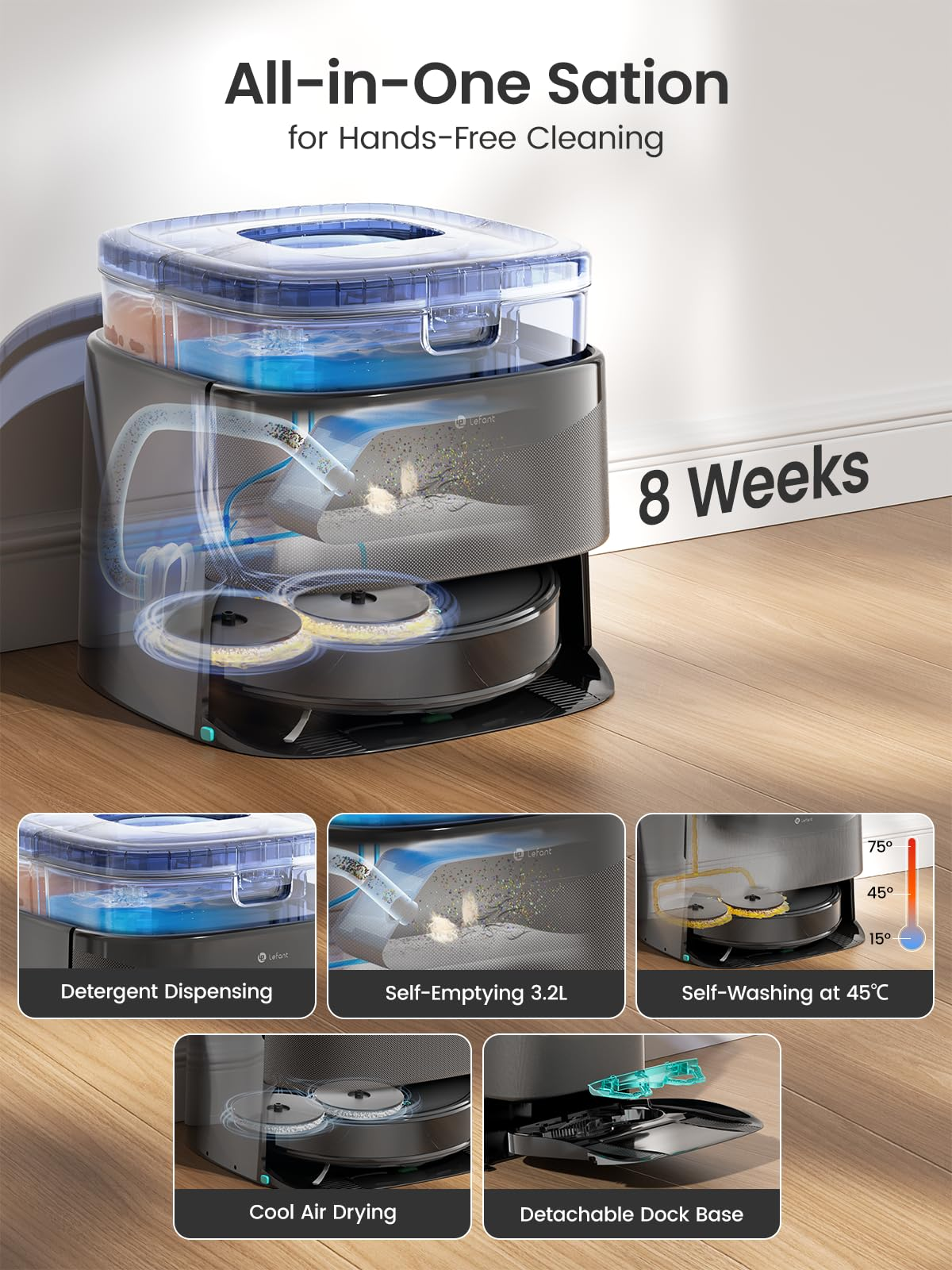 Lefant Robot Vacuum and Mop, 20000Pa Suction, 90-Day Self-Emptying, Obstacle Avoidance, Auto Mop Washing&Drying, All-in-One for Pet Hair Carpet, 5G WiFi Alexa/APP/iWatch Control, M3 Max